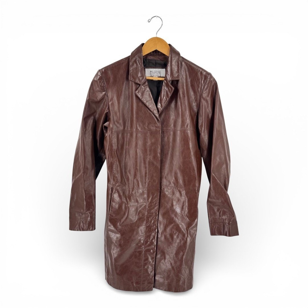 Vintage Wilsons Leather Maxima Brown Genuine Leather Trench Coat Mid Length Sz L